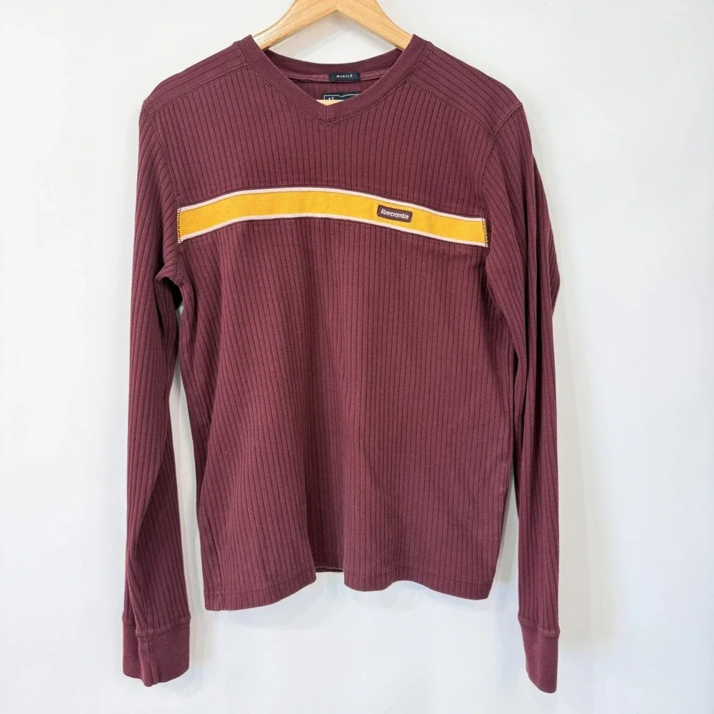 Abercrombie & Fitch Y2K Mens Long Sleeve Ribbed Knit Muscle Shirt Size M Stripe